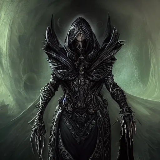 Image similar to character concept, beautiful warlock in armor, black hair, hooded cowl, intricate smooth patterns, cosmic armor, diablo splash art, cinematic lighting, hr giger style