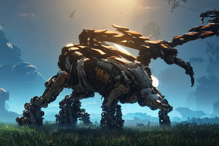 Image similar to shell - walker machine mecanical creature robot of horizon forbidden west horizon zero dawn radiating a glowing aura global illumination ray tracing hdr fanart arstation by ian pesty and alena aenami artworks in 4 k