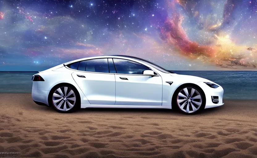 Prompt: new white tesla model s on a cosmic beach by vladimir volegov