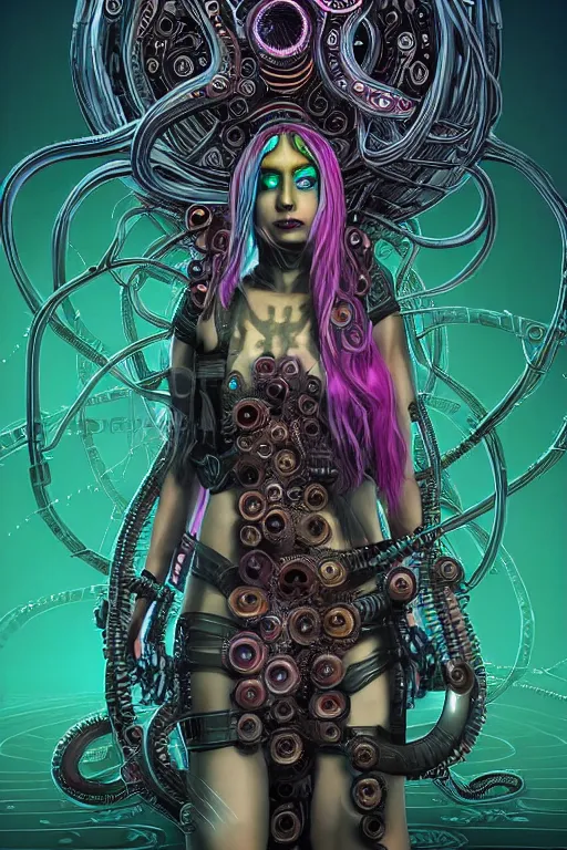 Prompt: Perfectly-centered hyperdetailed symmetrical cinematic surreal arthouse aetherpunk RPG professionally made portrait-illustration of a cyberpunk Medusa dressed in a lovecraftian dress with long ravepunk snakes as hair standing next to sinister otherworldly towers, bionic background, epic comic book cover style, 3D rim light, masterpiece, Gsociety, professional post-processing