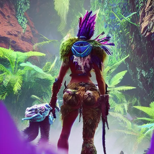 Image similar to explorer woman walking in animal fur armour, walking in a dense alien jungle with colourful red, blue and purple plants, large vines, mossy organic rock structures, in the style of monster hunter world, like concept art on artstation, hyperdetailed, vray render, octane render,