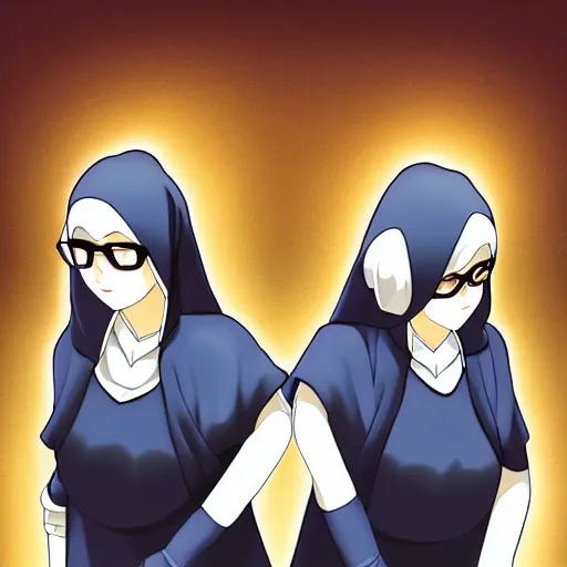 Image similar to two identical female nuns outside at night, viewed from above, clean detailed anime art