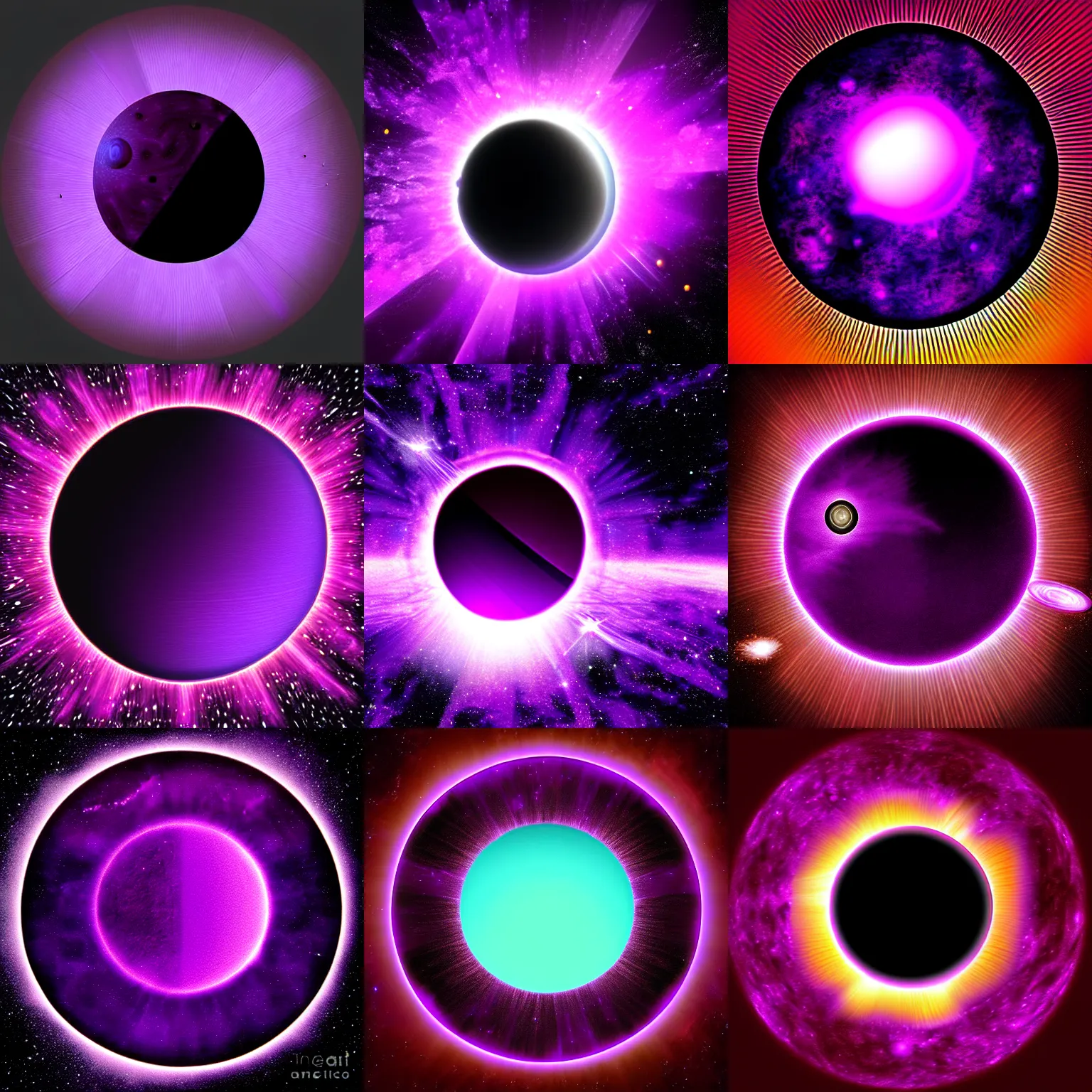 Prompt: black sun with purple eclipse, digital art, highly detailed, space background