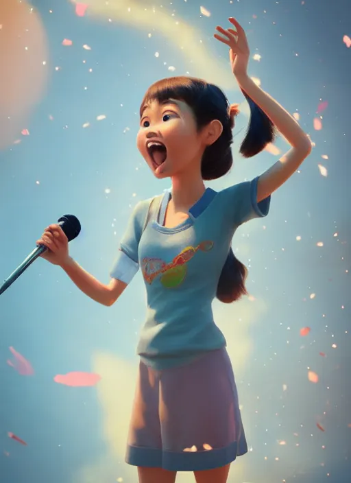 Image similar to a cute asian girl singing, in the style of pixar animation, mid-shot, award winning, hyper detailed, studio lighting, artstation, octane renderer, unreal engine