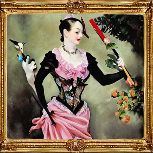 Prompt: tattoo of madame x holding a flamingo croquet stick with an ornate victorian frame comprised of radishes, cats, and flamingoes, by john singer sargent,