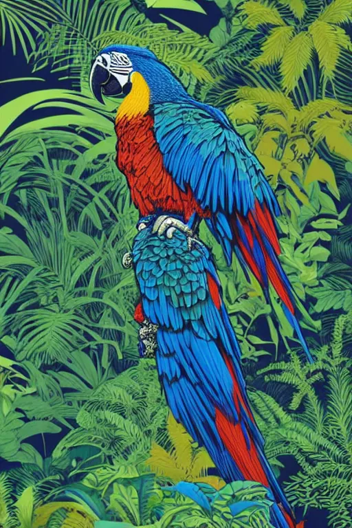 Prompt: a beautiful linocut of a lush jungle with a macaw parrot, 8 k, frostbite 3 engine, cryengine, dof, trending on artstation, digital art, crepuscular ray, art by roy l davies and tugboat printshop