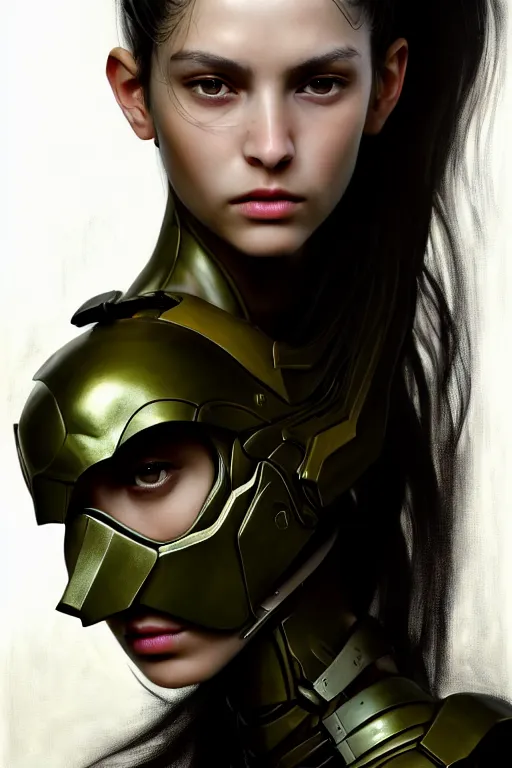 Image similar to a photorealistic painting of an attractive young girl, partially clothed in stealth-like battle armor, olive skin, long dark hair, beautiful bone structure, symmetrical face, perfect eyes, intricate, elegant, digital painting, concept art, illustration, sharp focus, minimal artifacts, from Metal Gear, in the style of Ruan Jia and Mandy Jurgens and Greg Rutkowski, trending on Artstation, award winning