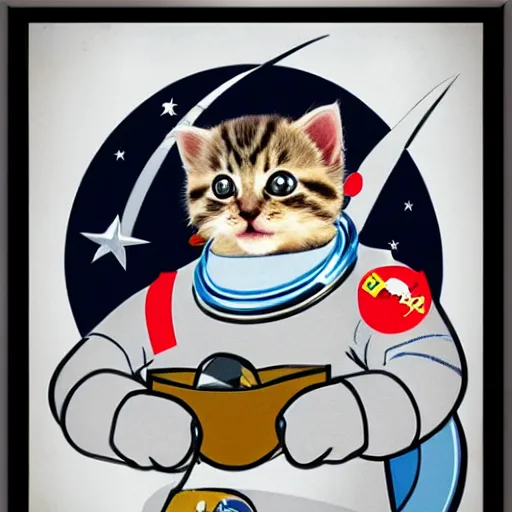 Prompt: a cute kitten astronaut in the style of a soviet propeganda poster