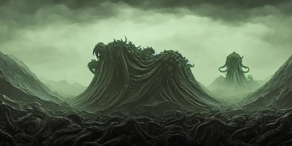 Image similar to wide shot of cthulhu, cinematic lighting, full color, dark colors, artstation, trending, intricate lining, inspired by tormentum dark sorrow screenshot, by piotr ruszkowski, h. r. giger and zdzisław beksinski