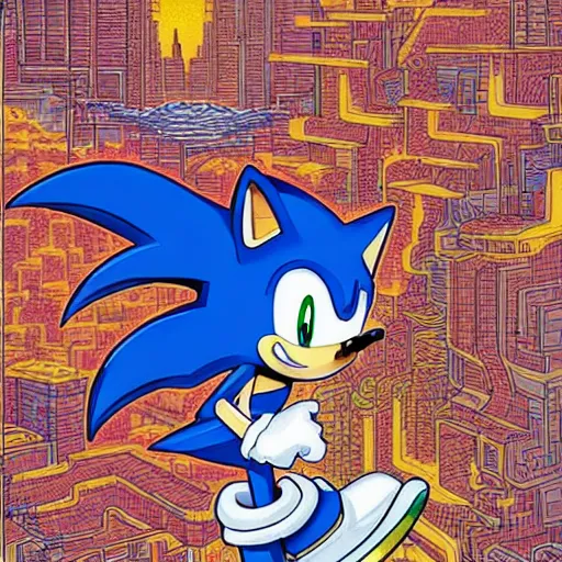 Prompt: a drawing of sonic the hedgehog in the style of sega genesis illustrated by jean giraud!!!!!!!, artwork by josan gonzalez, vaporwave aesthetic