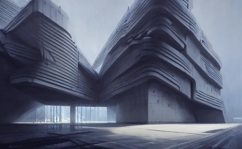 Image similar to painting of exterior shot of a white concerete brutalist architecture designed by zaha hadid and peter zumthor by darek zabrocki, greg ruthkowski, cinematic and cold atmospheric, archillect concept art, artstation, trending on artstation