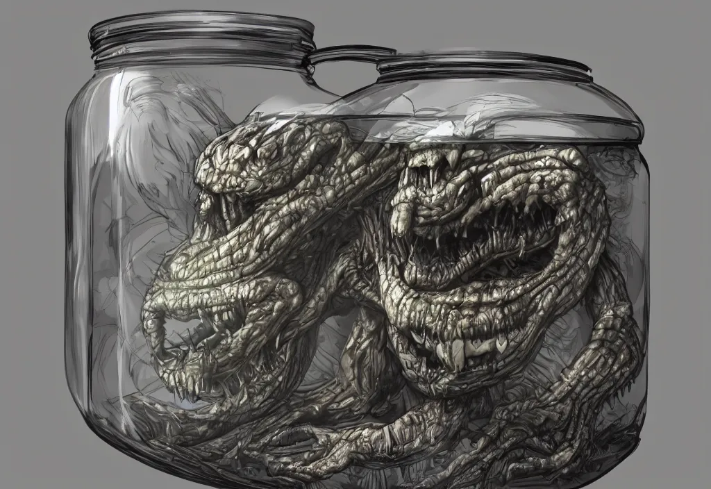 Image similar to Photorealistic miniature monster inside a jar on clean background by H.R. Giger, KDA and Sam Yang, trending on artstation