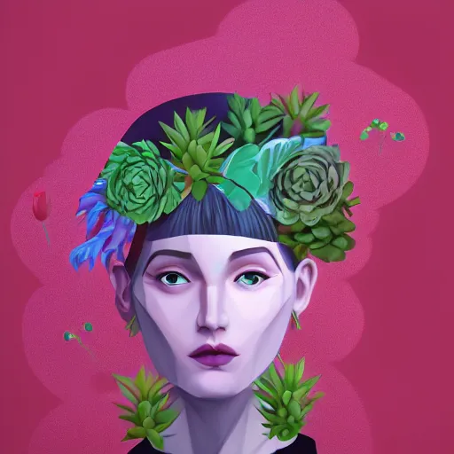 Image similar to face portrait of a polygon art, plants on head, inspired by lois van baarle, cinematic, 8 k