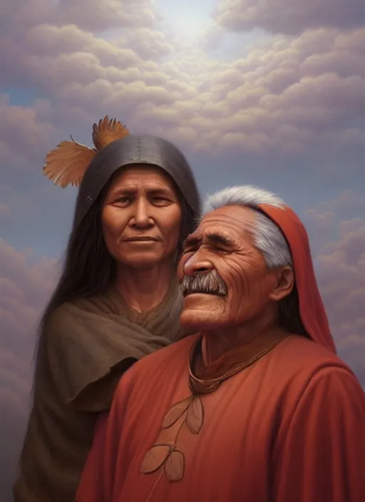 Image similar to portrait of an indigenous grandfather and grandmother in the clouds, smiling, protection, benevolence, ancestors, art by christophe vacher