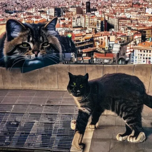 Image similar to a hairy giant cat destroying barcelona with laser eyes