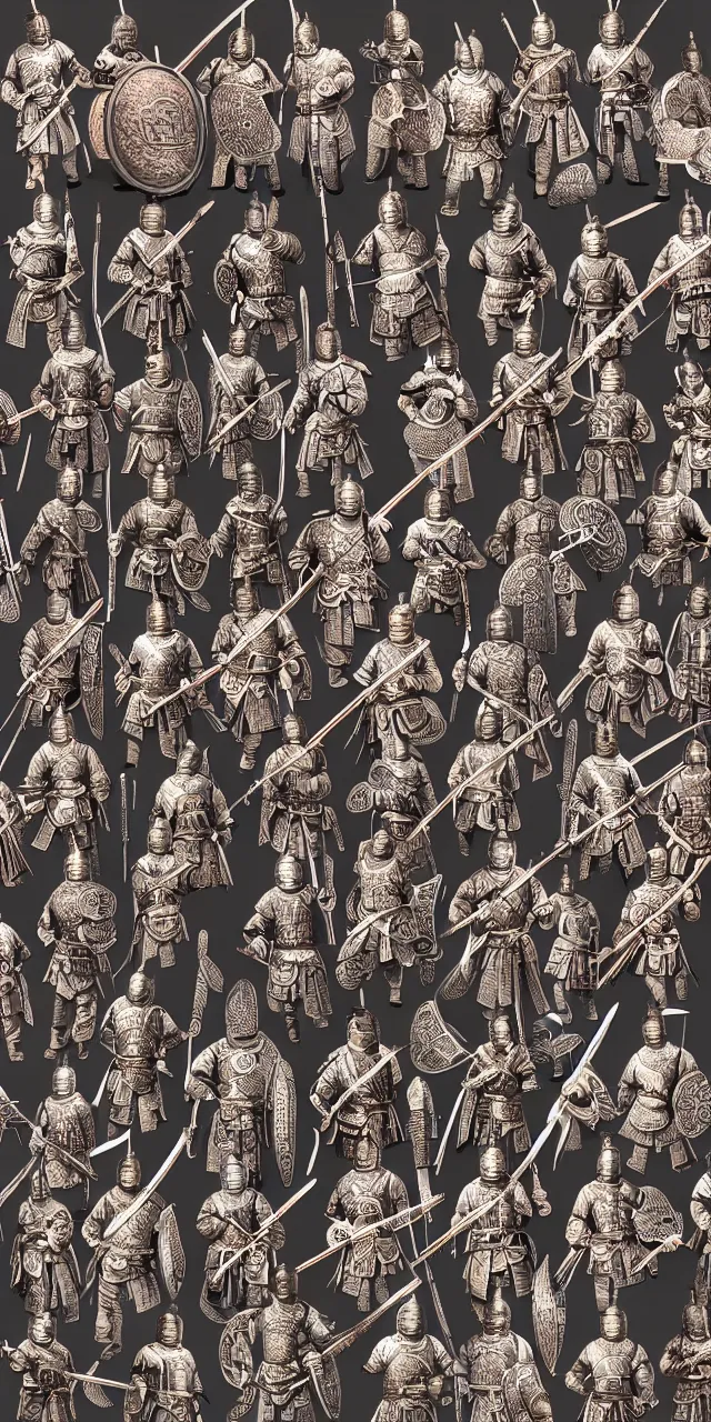 Image similar to detailed photorealistic ancient han chinese warriors soldiers army ⚔ 🪖 ⛩ with traditional chinese engravings and ornamentation on armour and weapons, and shining metallic 3 d surfaces, mandarin calligraphy, traditional chinese war shields and armour, wide angle, 3 d