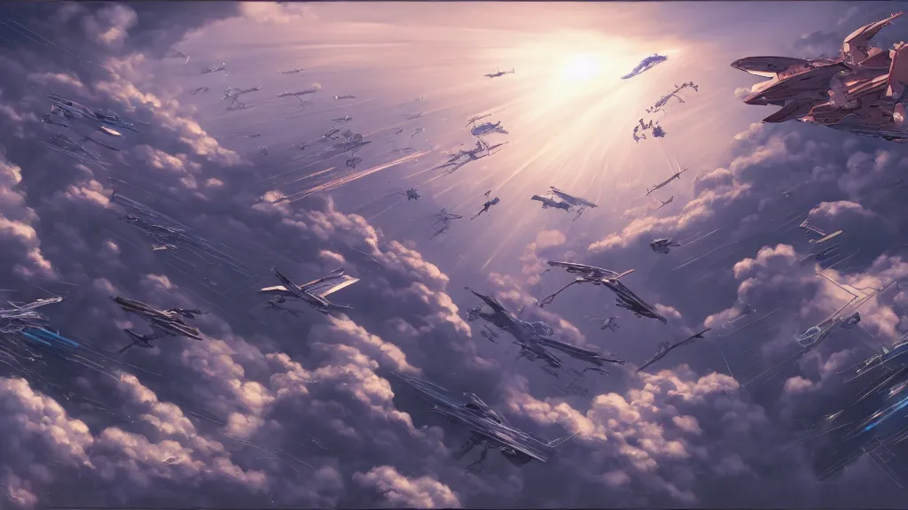 Image similar to highly detailed comic spread depicting an impactful action scene on the sky with expert design fictional characters, high details, dynamic art by murata, moebius, makoto shinkai, craig mullins, digital painting, masterpiece, best selling, pixiv, volumetric lighting, realistic shaded lighting, 8 k, highly detailed render,