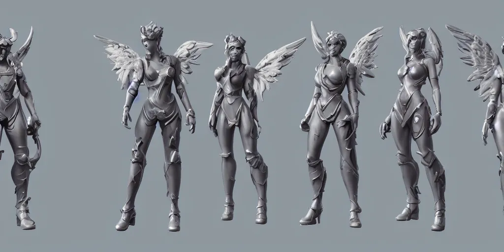 Image similar to full-body character sheet of angel and heaven for the video game ‘fortnite’ by Epic Games, 3d render, octane render, 4K, volumetric, trending on art station