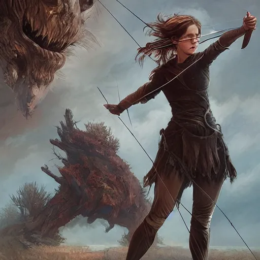 Image similar to portait of a emma watson archer shooting arrow at forest monster, front game card, drark, marvel comics, dark, intricate, highly detailed, smooth, artstation, digital illustration by ruan jia and mandy jurgens and artgerm and wayne barlowe and greg rutkowski and zdislav beksinski