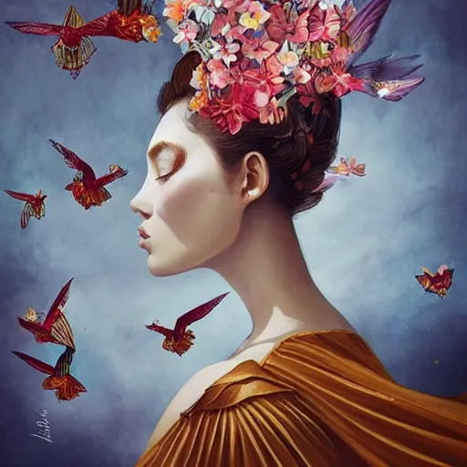 Image similar to beautiful fashion illustration of an enchanting girl wearing an origami dress, hummingbirds, elegant, by esao andrews, by eiko ishioka, givenchy, by peter mohrbacher, centered, floral ornamentic on cloth and hair, detailed beautiful face, high depth of field, fresh colors, vogue, japanese, new yorker, reallusion character creator