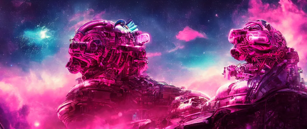 Prompt: space, a mechanical lion with a pink mohawk drives a pirate spaceship, punk, hyperdetailed illustration, stars, pink, neon, oil painting, rich deep colors masterpiece, pirate neon ship, ultra detailed, contrast, heaven pink, clouds, volumetric light, atmospheric lighting, dramatic, cinematic, moody, octane render 4 k, 8 k