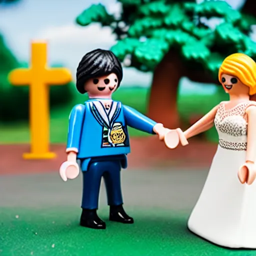 Image similar to A playmobil figurine bride and a lego figurine groom in a wedding ceremony.