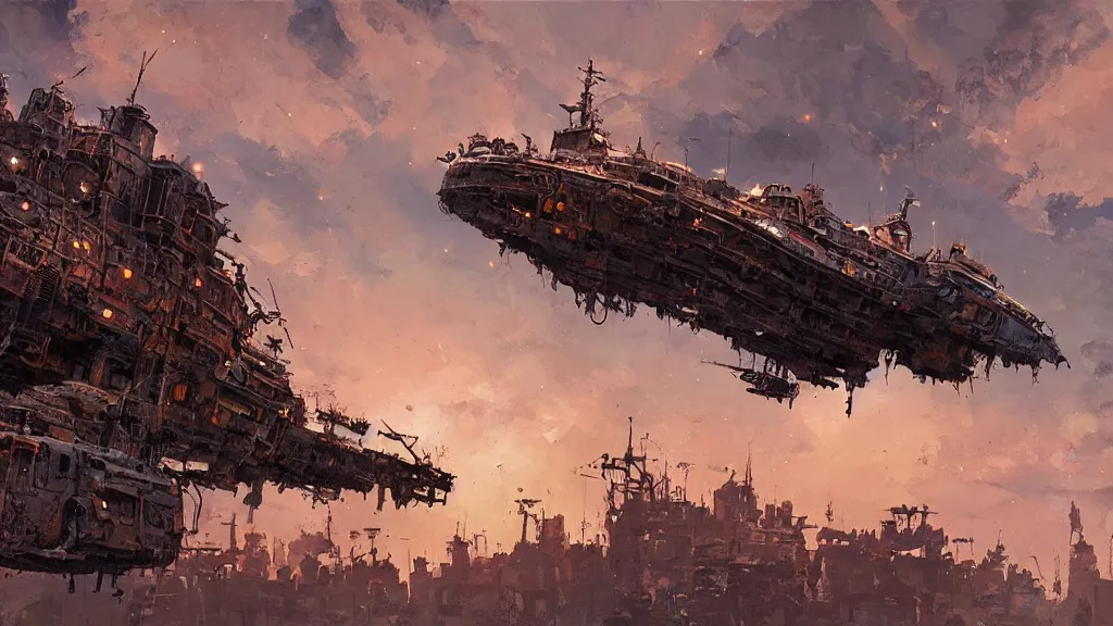Image similar to A flying rusty ship in the evening sky, intricate, detailed, oil on canvas, concept art, by Ian McQue