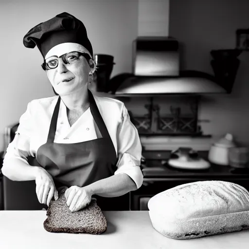 Prompt: photo of an anthropomorphic mini pinscher baking bread and wearing a kitchen apron, 4 k, noir photography