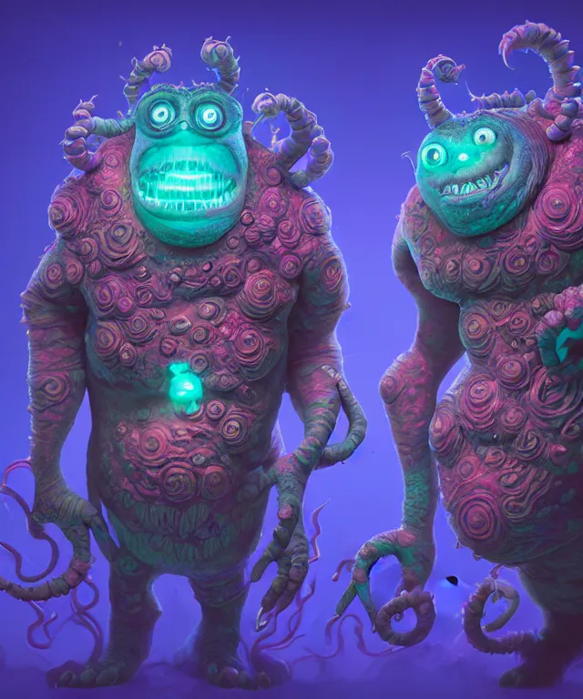 Image similar to a two headed xanathar made of bioluminescence in the art style of monsters inc, crisp 8 k line art, digital painting, artstation, unreal engine, octane render, emissive lighting, concept art, matte, sharp focus, hyper realistic lighting, illustration, deep royal blue and pink color scheme, art by ayami kojima