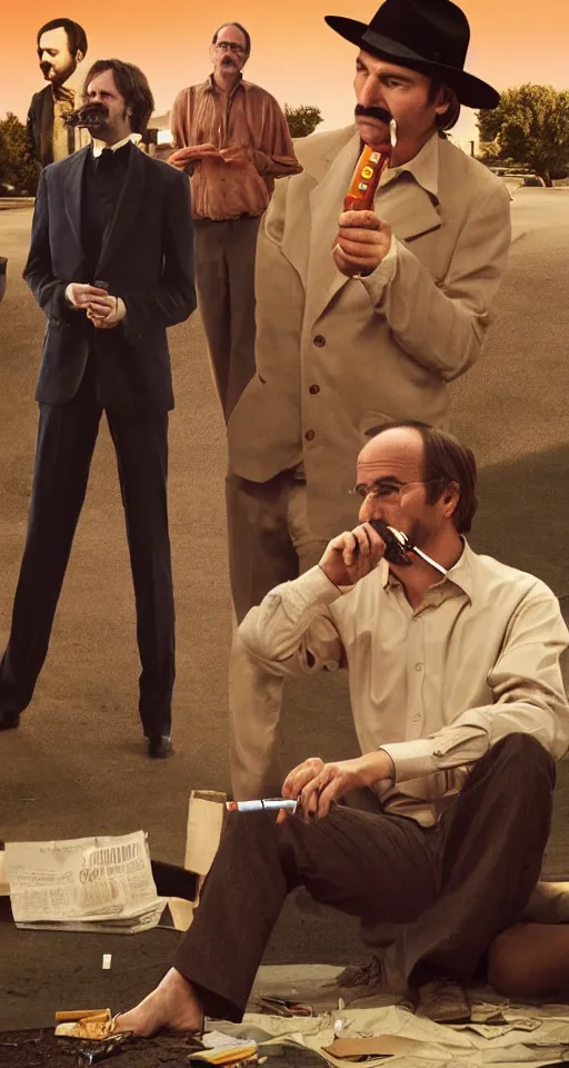 Image similar to saul goodman smoking cigarettes with steve jobs, sepia, in mexico, emmy award winning, with jessie pinkman in the background yelling and angry, sunset, granite sidewalk, movie screenshot, suburban houses in background, gritty, mustache