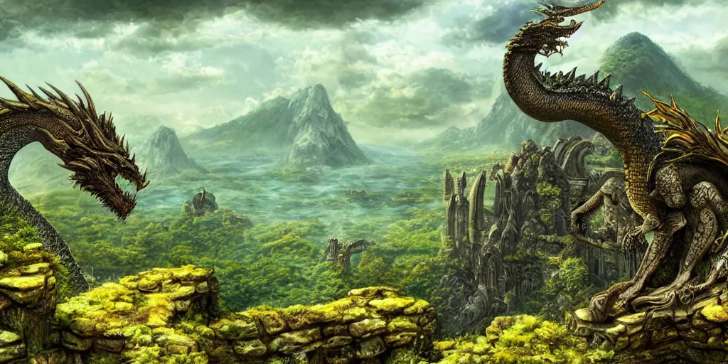 Prompt: Giant dragon rests on top of ancient ruins, realistic dragon scales, full length dragon, columns, distant waterfall, distant mountains, ancient ruin, overgrown, blue green yellow colors, detailed oil painting