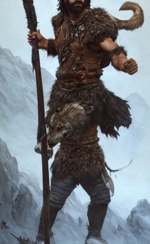 Prompt: full body portrait of a gruff ranger with a spear, wolf pelt on his head, muscular, handsome face, hairy body, D&D, fantasy, intricate, elegant, highly detailed, digital painting, artstation, concept art, matte, sharp focus, illustration, art by Artgerm and Greg Rutkowski and Alphonse Mucha