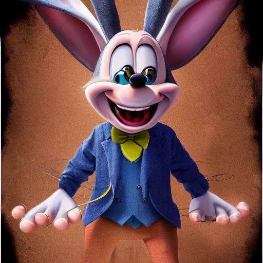 Image similar to A extremely highly detailed majestic hi-res beautiful, highly detailed portrait of a scary terrifying creepy cartoon rabbit evil smiling standing up wearing pants and a shirt in the style of Walt Disney animation