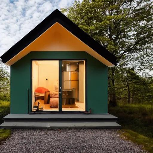 Prompt: ultra wide angle photograph of cozy hygge tiny architecturally modern cabin in idyllic green scottish countryside