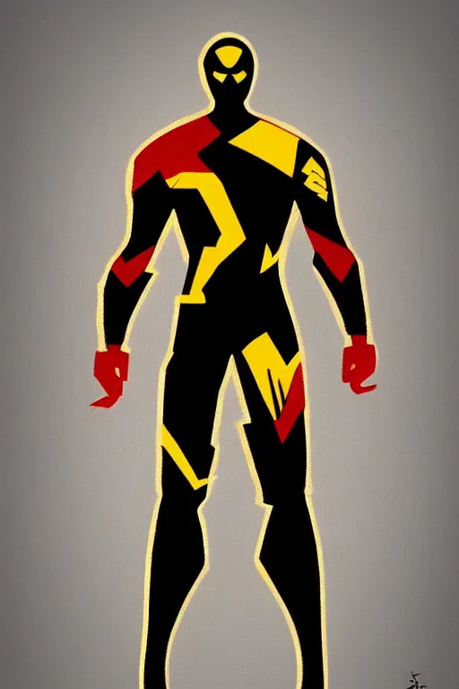 Prompt: a full body superhero concept he is wearing a yellow, red and black suit, concept art, trending on artstation, very detailed,