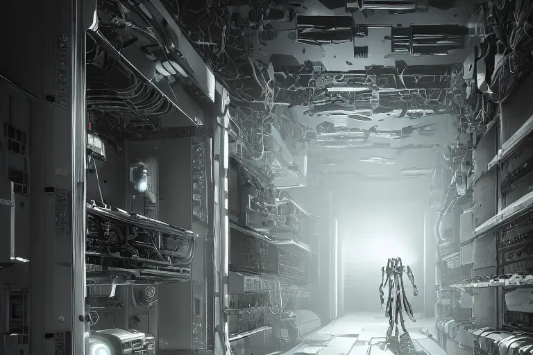 Prompt: colossus parallax datacenter server room interior single mono white rusty robot sitting artstation cinematic detailed concept art ultra realistic volumetric light sharp coherent cgsociety symmetric perfect well balanced shadows lotr technogoddess sidwill glass plastic carbon