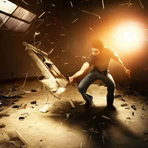 Image similar to incredible cinematic image of young angry man fighting to himself while breaking a large mirror, debris everywhere, studio shot, dynamic lighting, high definition, highly detailed, photo-realistic, unreal engine render, 16k