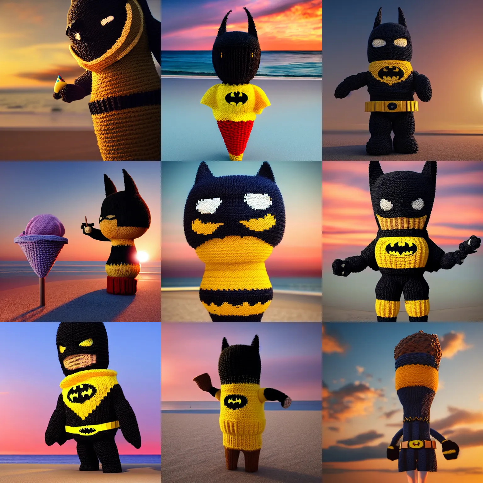 Prompt: a large knitted batman holding a delicious ice cream cone during sunset at the beach Trending on artstation, featured on Behance, well-rendered, Unreal Engine, 4K HD