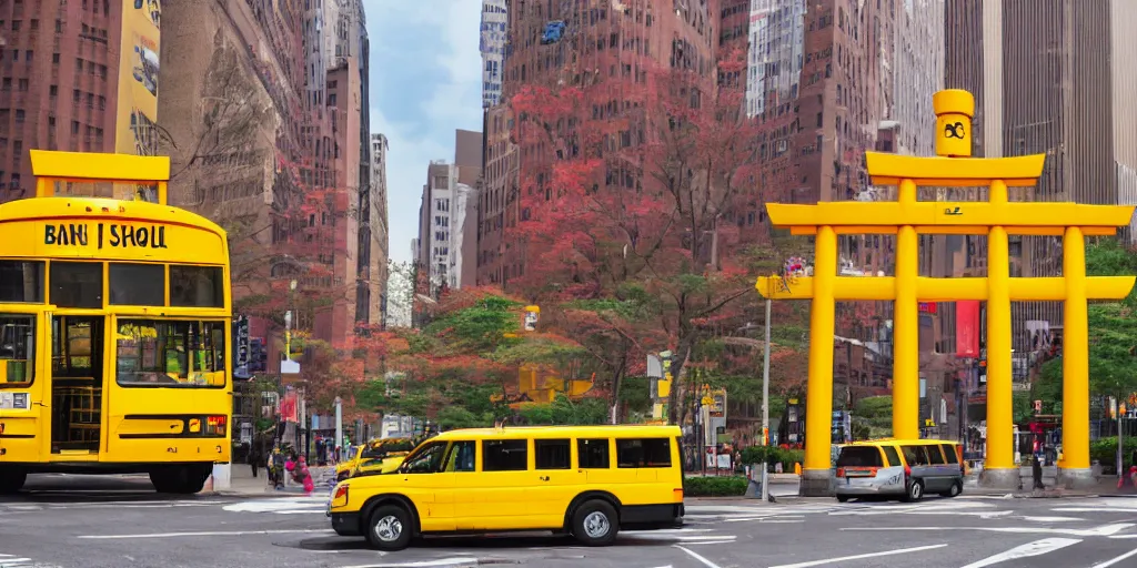 Prompt: Yellow school bus, driving towards a red japanese Torii gate at New York location in USA, ray tracing