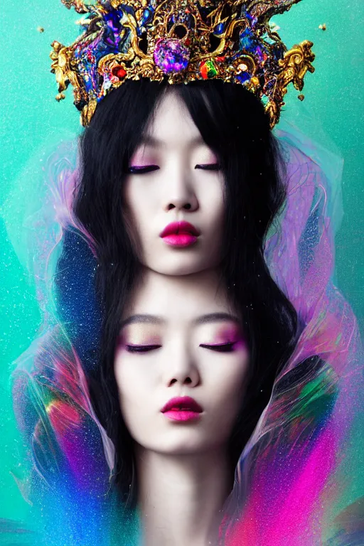 Image similar to a singular beautiful empress dramatic portrait, black hair, with a brilliant, impossible striking shiny big multi colored crystal headpiece, symmetrical, reflective surface, rainbow crystal clothes, rococo, baroque, jewels, asian, realistic, dramatic studio lighting, closeup, D&D, fantasy, intricate, elegant, highly detailed, digital painting, artstation, octane render, 8k, concept art, matte, sharp focus, illustration, art by Artgerm and Greg Rutkowski and Alphonse Mucha