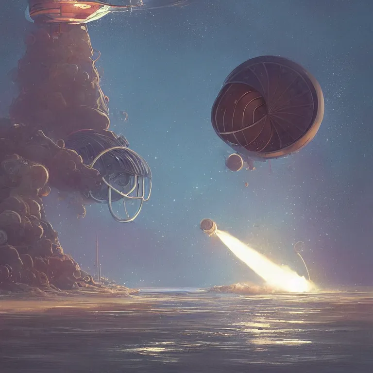 Prompt: round mechanical spaceship nautilus dripping wet emerging from a the ocean, launching to space, big booster rocket engines, sci - fi concept art, by john harris, by simon stalenhag, stunning, award winning