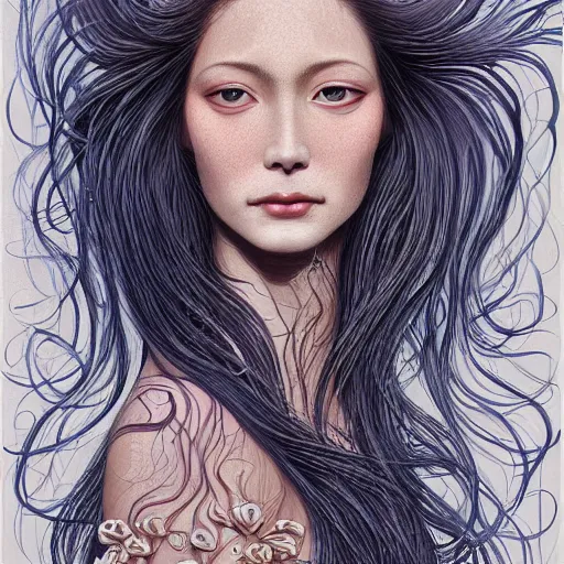 Prompt: facial portrait of a young pretty woman in flowing dress, arrogant, mysterious, long fine flowing hair, delicate, looking at camera, slightly awkward smile, realistic face, no hands visible, intricate, stylish, elegant, grimdark fantasy, vibrant, extremely detailed painting by Harumi Hironaka and Ernst Haeckel and Greg Rutkowski