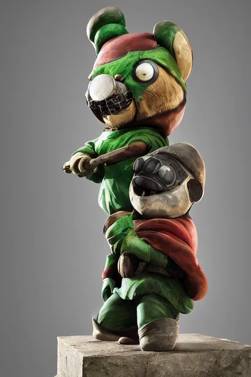 Prompt: a monumental marble sculpture of Teemo the League of Legends champion, museum photography, hard light,