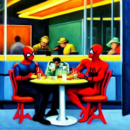 Image similar to spiderman sitting down in a diner. Painted oil on canvas. In the style of Nighthawks 1942 Painting by Edward Hopper