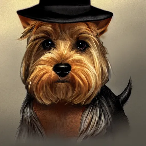 Image similar to detective yorkshire terrier wearing a fedora, disney eyes, in a dark alley, by D&D Concept Artists