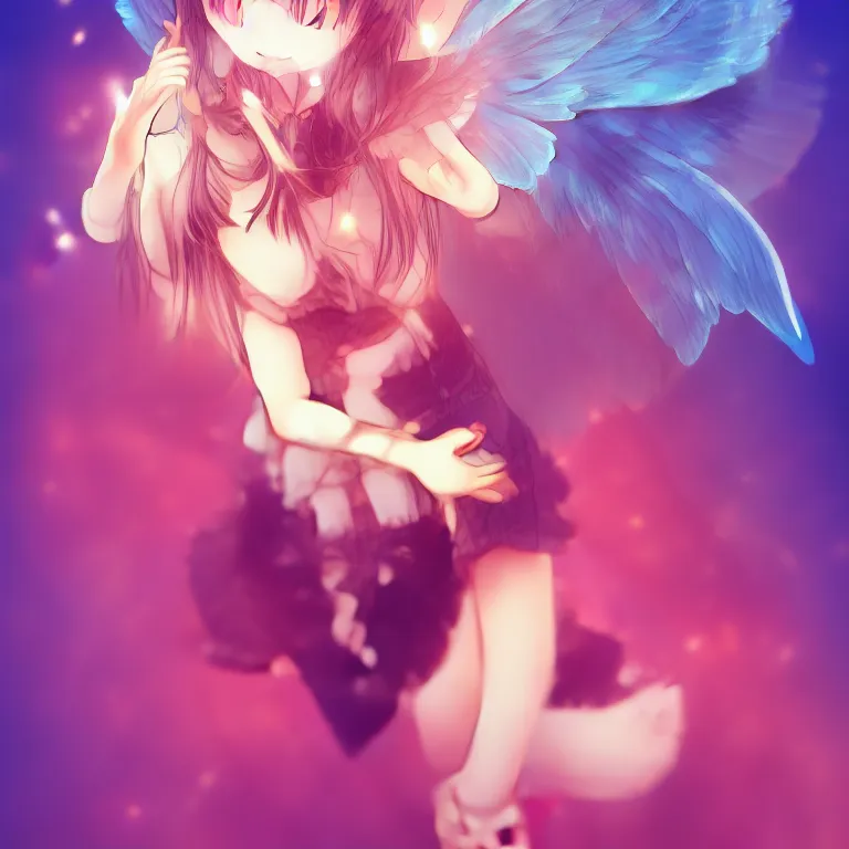 Image similar to cute, full body, female, anime style, a cat girl with fairy wings, large eyes, beautiful lighting, sharp focus, simple background, creative, heart effects, filters applied, illustration