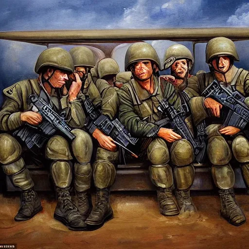 Image similar to an award winning painting of soldiers sitting inside a plane on their way to the battlefield, an emotionless look on their faces