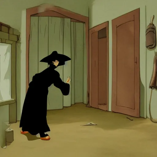 Image similar to the magician with a black robe inside a abandoned house, shadows, lurker, studio ghibli, anime