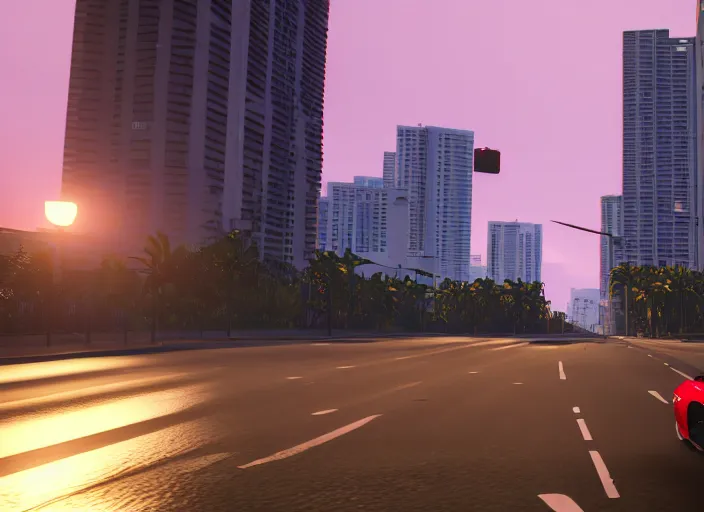 Image similar to still next - gen ps 5 game grand theft auto 6 2 0 2 4 remaster, graphics mods, rain, red sunset, people, rtx reflections, gta vi, miami, palms and miami buildings, photorealistic screenshot, unreal engine, 4 k, 5 0 mm bokeh, close - up ford mustang, gta vice city remastered, artstation