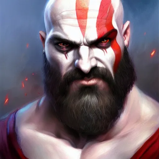 Prompt: Kratos with Hair from God of War by Mandy Jurgens